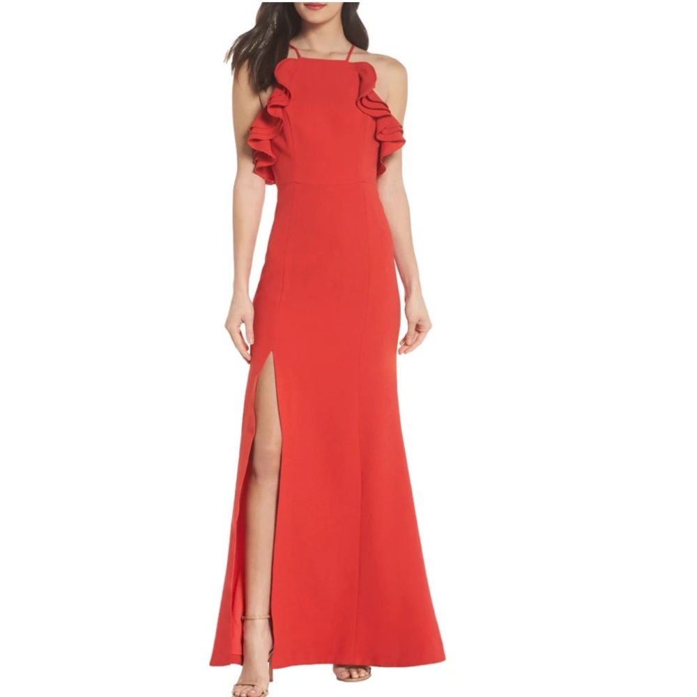 C/MEO Collective Ruffle Halter Gown